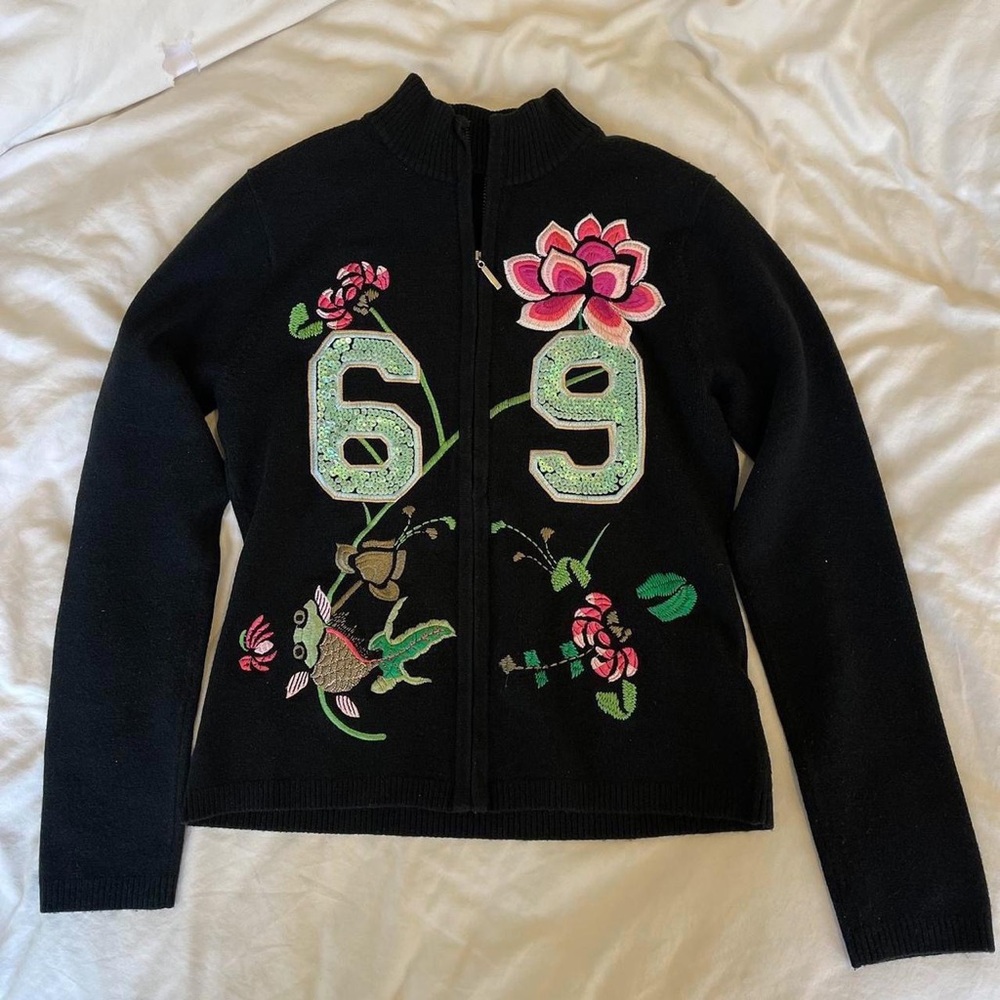 Adoirable 69 Zip Up Sweater with floral, embroidery, and sequin detailing ✨